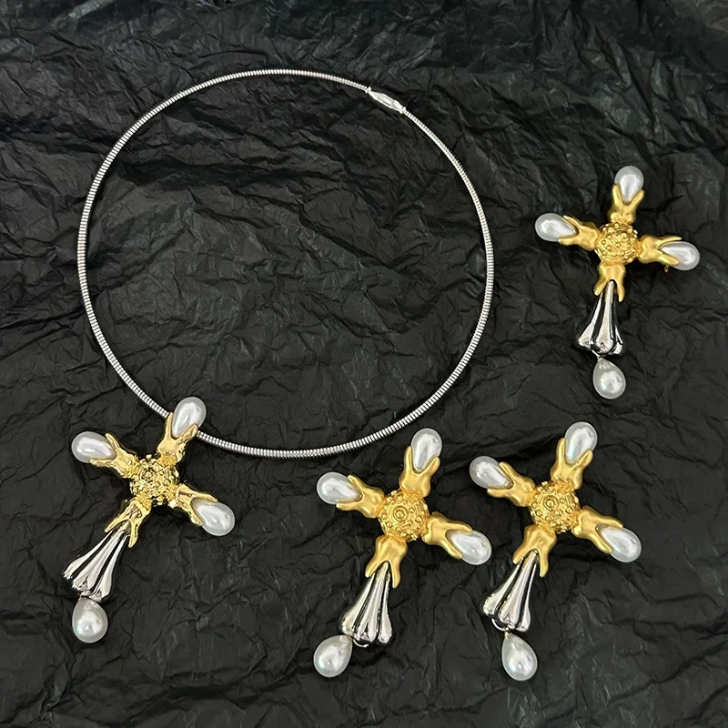 Golden Large Cross Drop Earrings