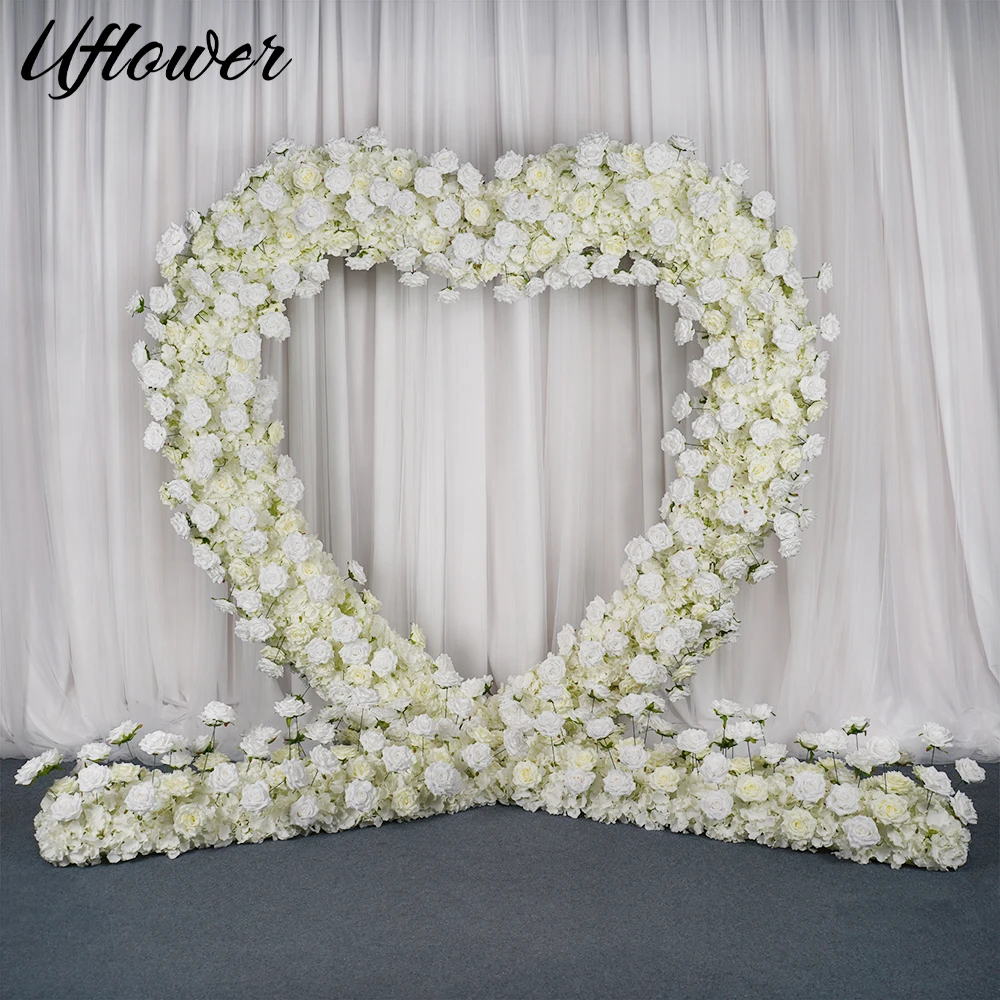 Uflower Luxury 5D White Rose Wedding Background Hydrangea Floral Arrangement Love Heart Arch Flower Wall Party Event Flower Row