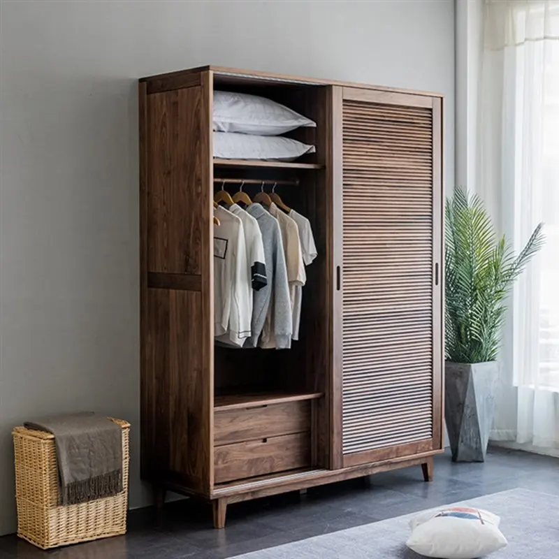 Black walnut sliding door solid wood home bedroom small apartment large wardrobe sliding door customization