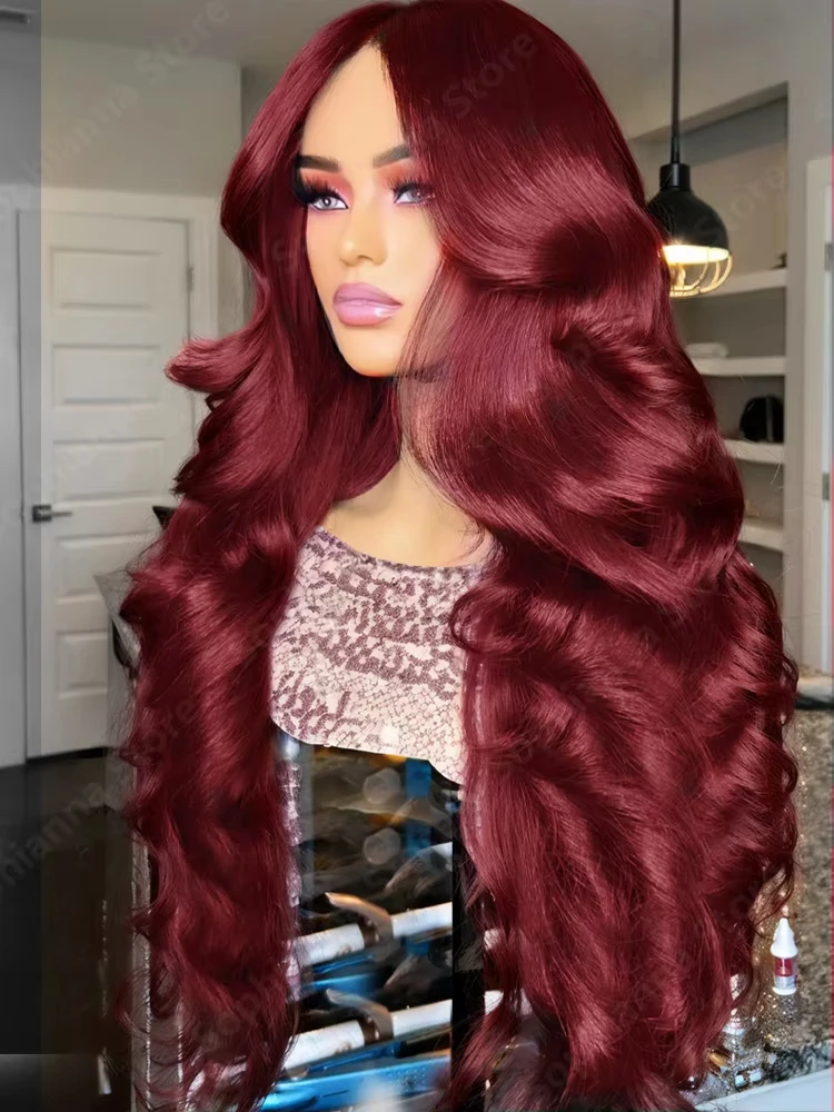 13x4ボディウェーブ99Jレースフロント人毛ウィッグ 女性用 バーガンディHD透明フロントウィッグ カラーリング済み 生え際処理済み 密度250%