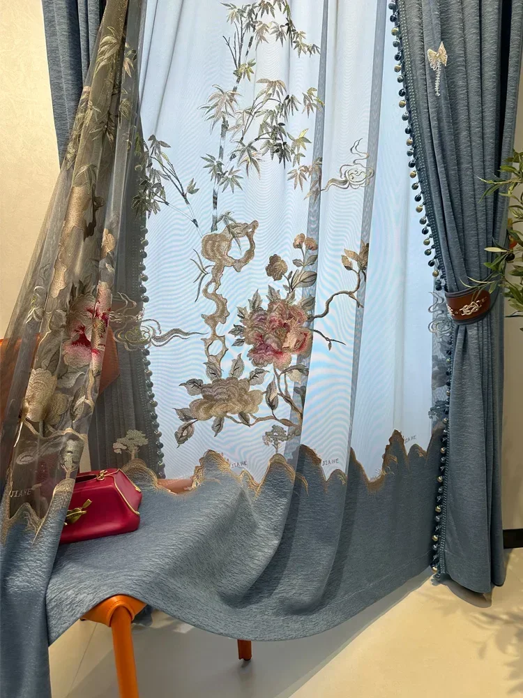 

New Embroidered Window Screen Blue Gray Jacquard Thickened Blackout Curtains For Living Room Bedroom Villa Customization Valance
