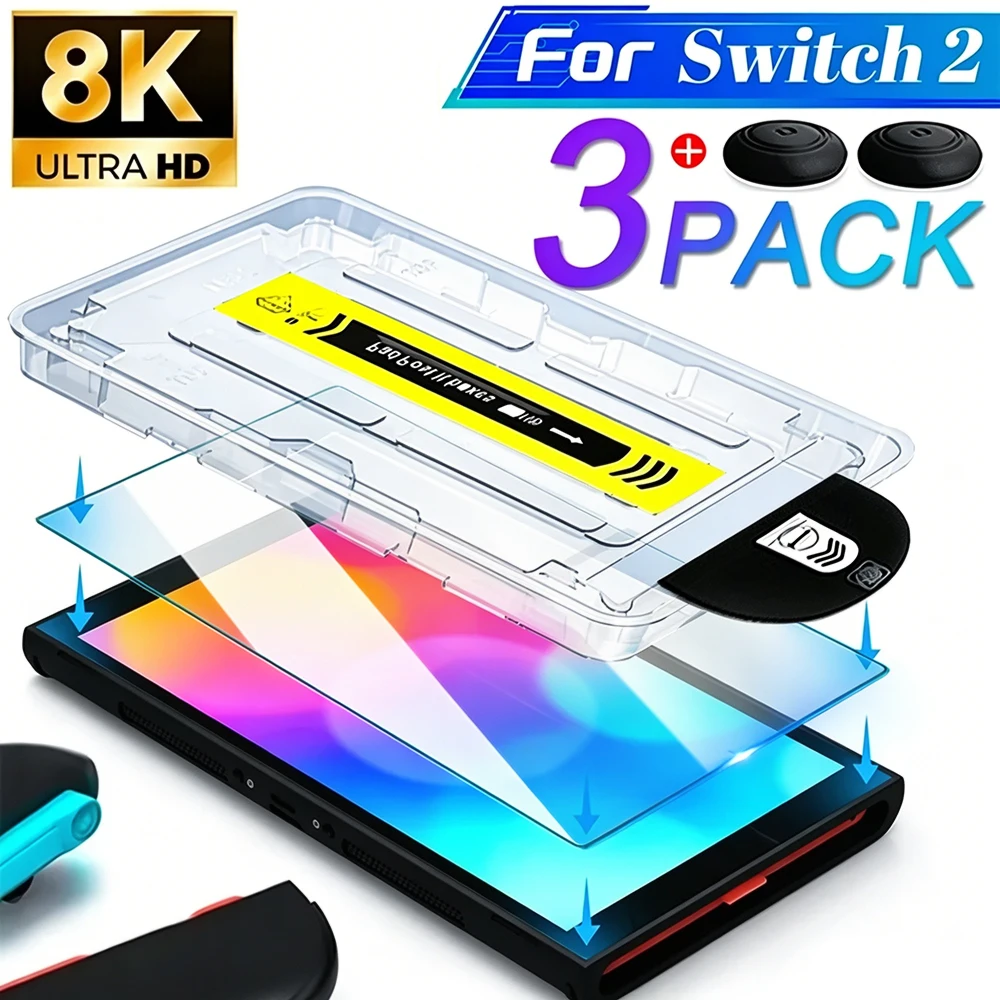 Easy Install Tempered Glass for Nintendo Switch 2 Screen Protector with Joystick Caps Anti-Scratch Protective Films for Switch2