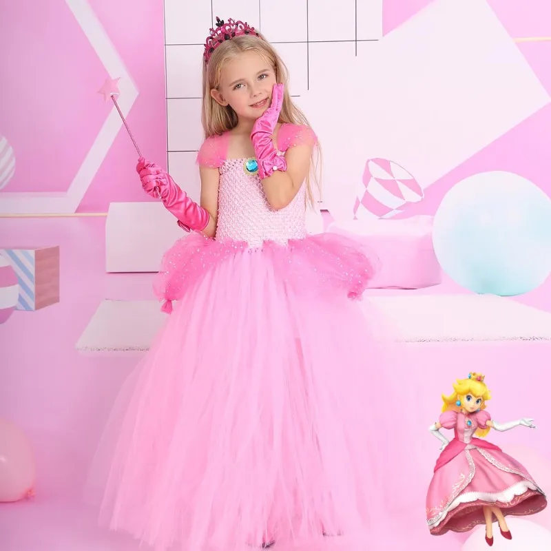 

Super Marios Bros Peach Princess Cosplay Dress for Girls Perform Costume Tutu Dresses Summer Girl Princess Party Lace Cake Dress