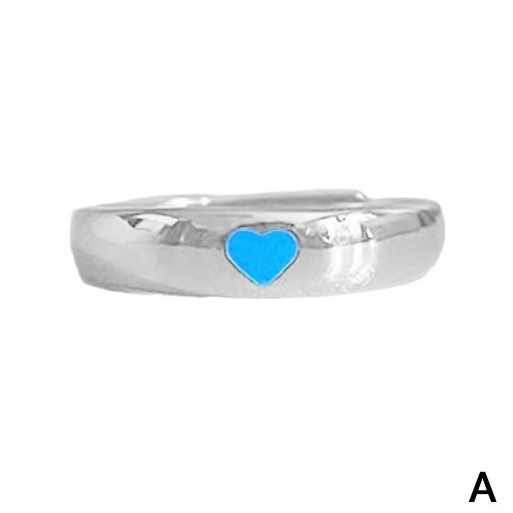 Blue Pink Color Luminous Ring Vintage Style Punk Style Adjustable Ring Fluorescent Opening Design Love Heart Ring for Women Men
