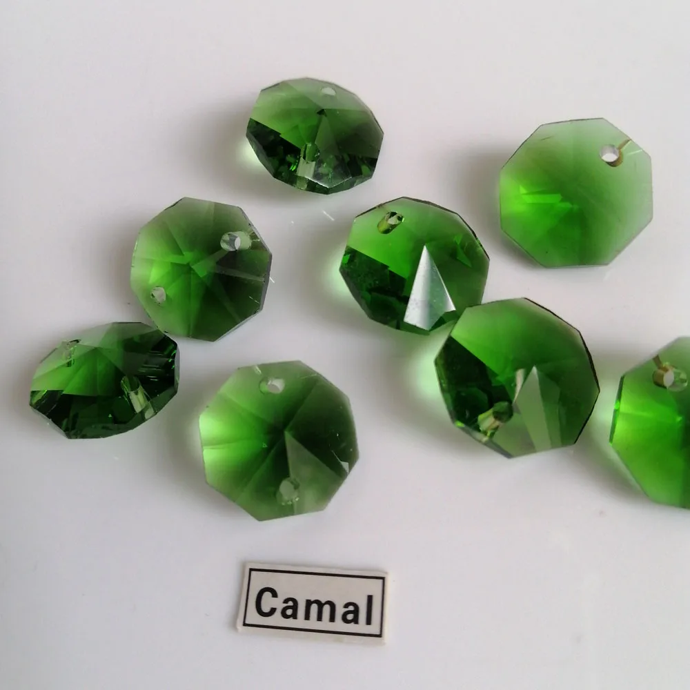 Camal 20Pcs Groen 14Mm Kristal Achthoekige Losse Kralen 1/2 Gaten Prisma Kroonluchter Verlichting Lamp Onderdelen Gordijn bruiloft Home Decor