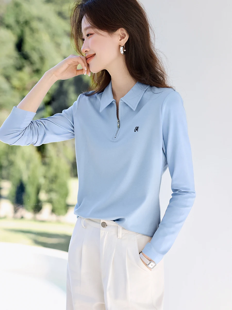 

Elegant Blue Short Sleeve Shirt Women's Fashionable Simple Design Summer New Arrival Breathable Knitted Top by Mo Han Mei