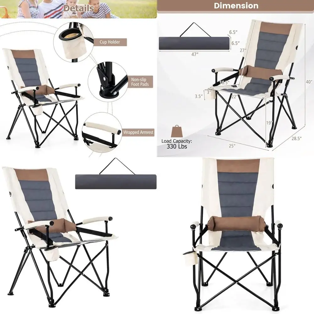 

Folding Camping Chair with Lumbar Support, Cup Holder, and Carry Bag for Adults - Ideal for Outdoor Activities, Fishing, Hiking,