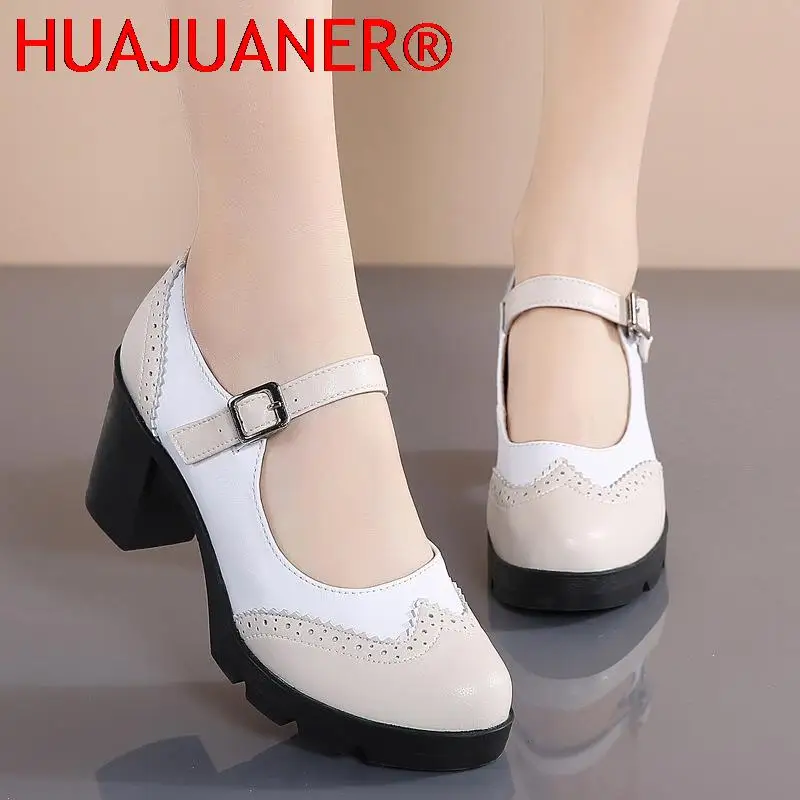 New Women Genuine Leather Buckle Strap Mary Janes Platform Shoes Woman Pumps High Heels Dress Shoes Retro Ladies Wedding Shoes