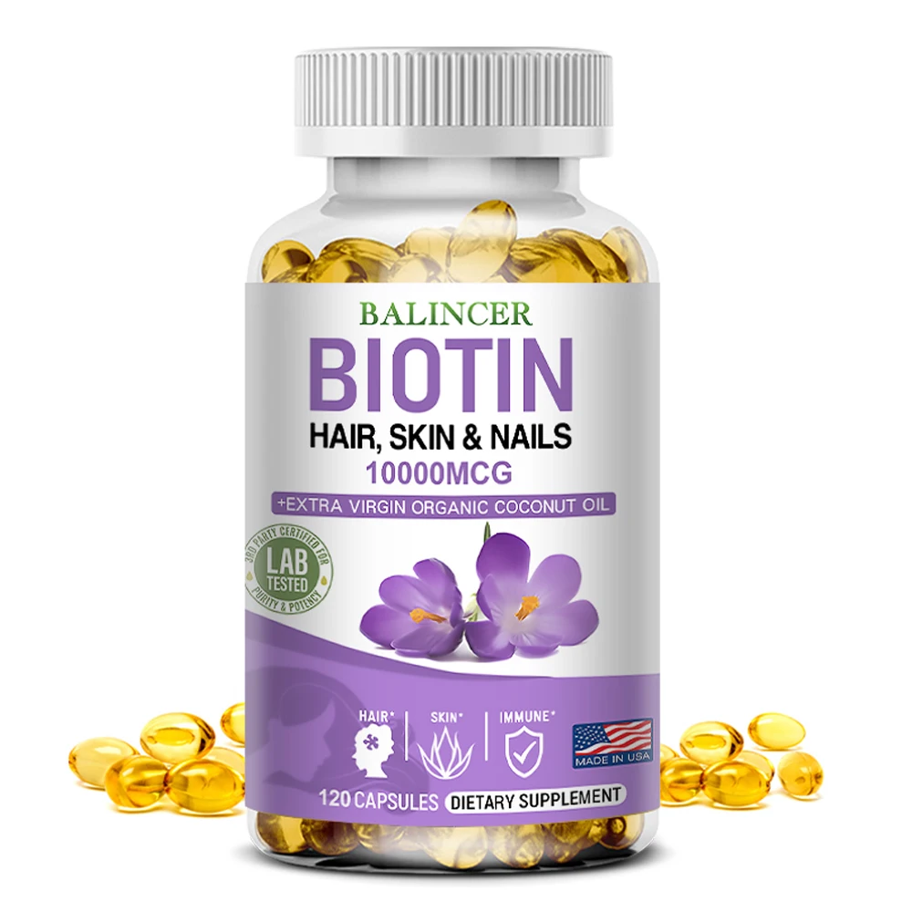 Balincer Biotin Softgels 10000 Mcg, Organic Coconut Oil - Strengthens Hair, Skin, Nails, Supports Immune System Health