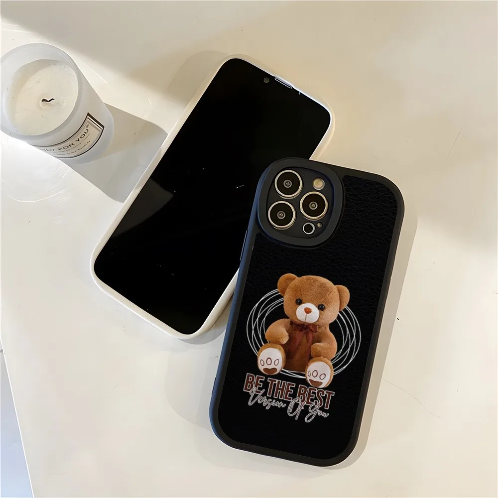 Cartoon Teddy Bear Phone Case Lambskin For Iphone 15 Pro Max 14 11 13 12 Mini X Xr Xs 7 8 Puls Se Silicone Cover