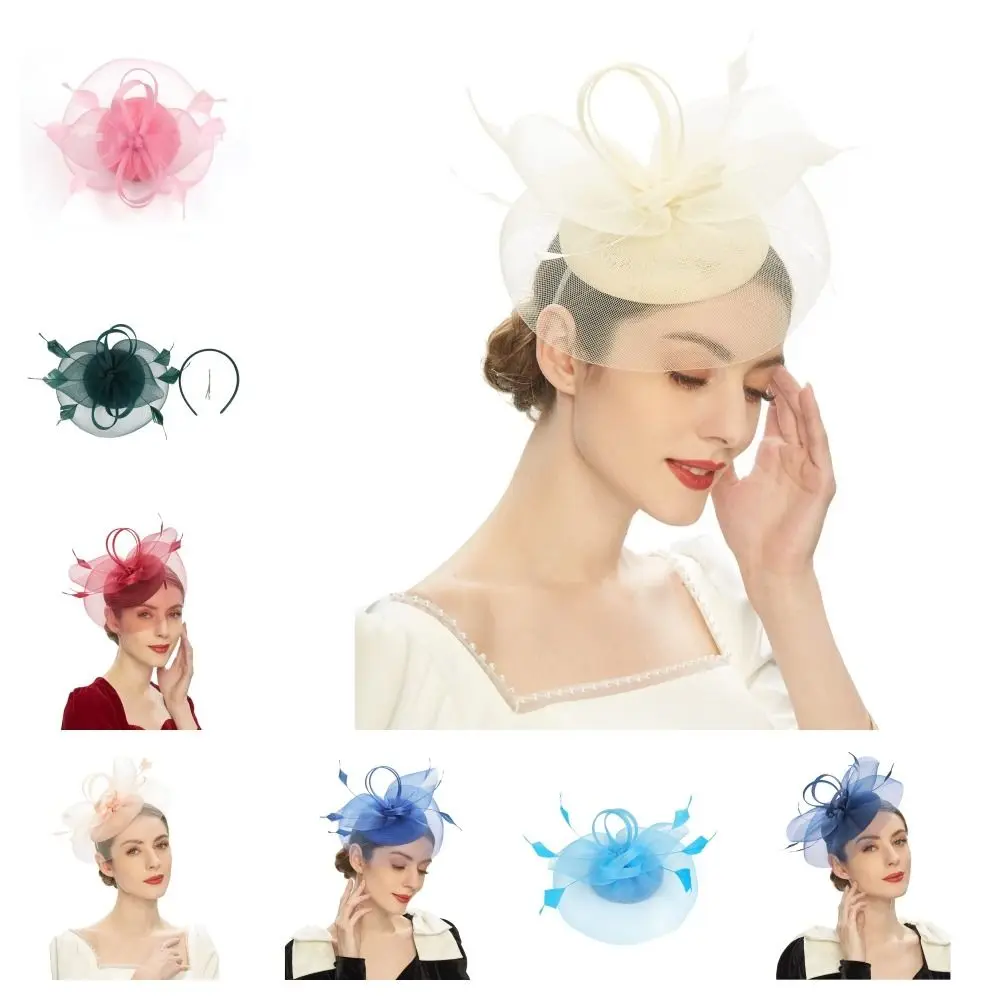 Chapeau fascinateur en maille avec plumes, élégant et exquis, voile, couvre-chef, cerceau pour cheveux doux, bandeau de mariée, spectacle de danse