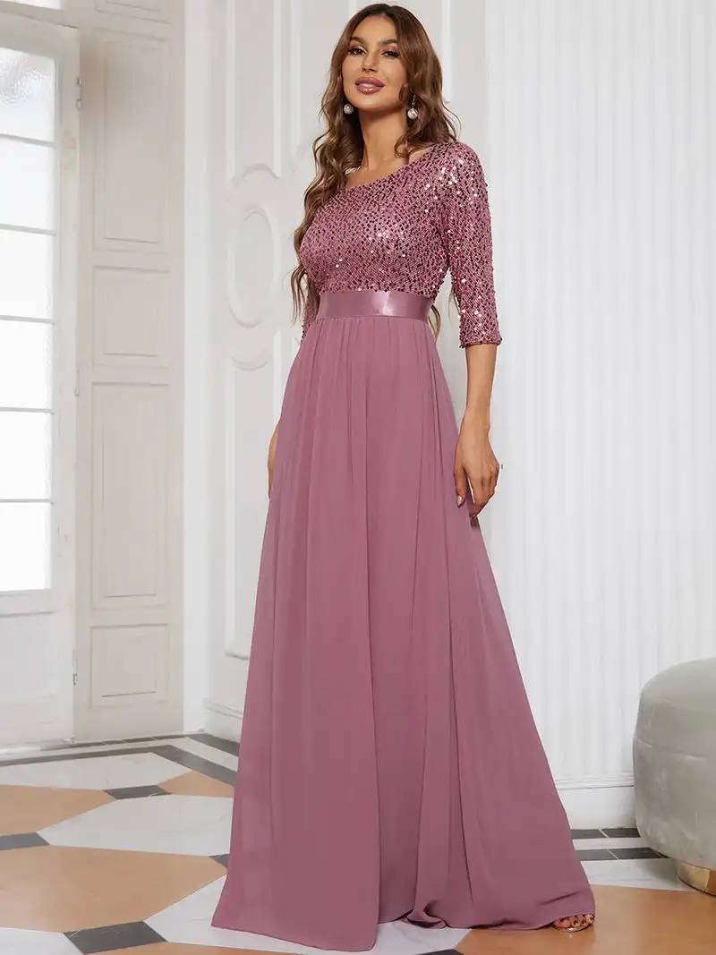 Vestidos de Noche elegantes, vestido largo de encaje de manga tres cuartos con cuello redondo, corte en A, 2021, vestido sencillo de graduación para mujer Ever Pretty Of Orchid