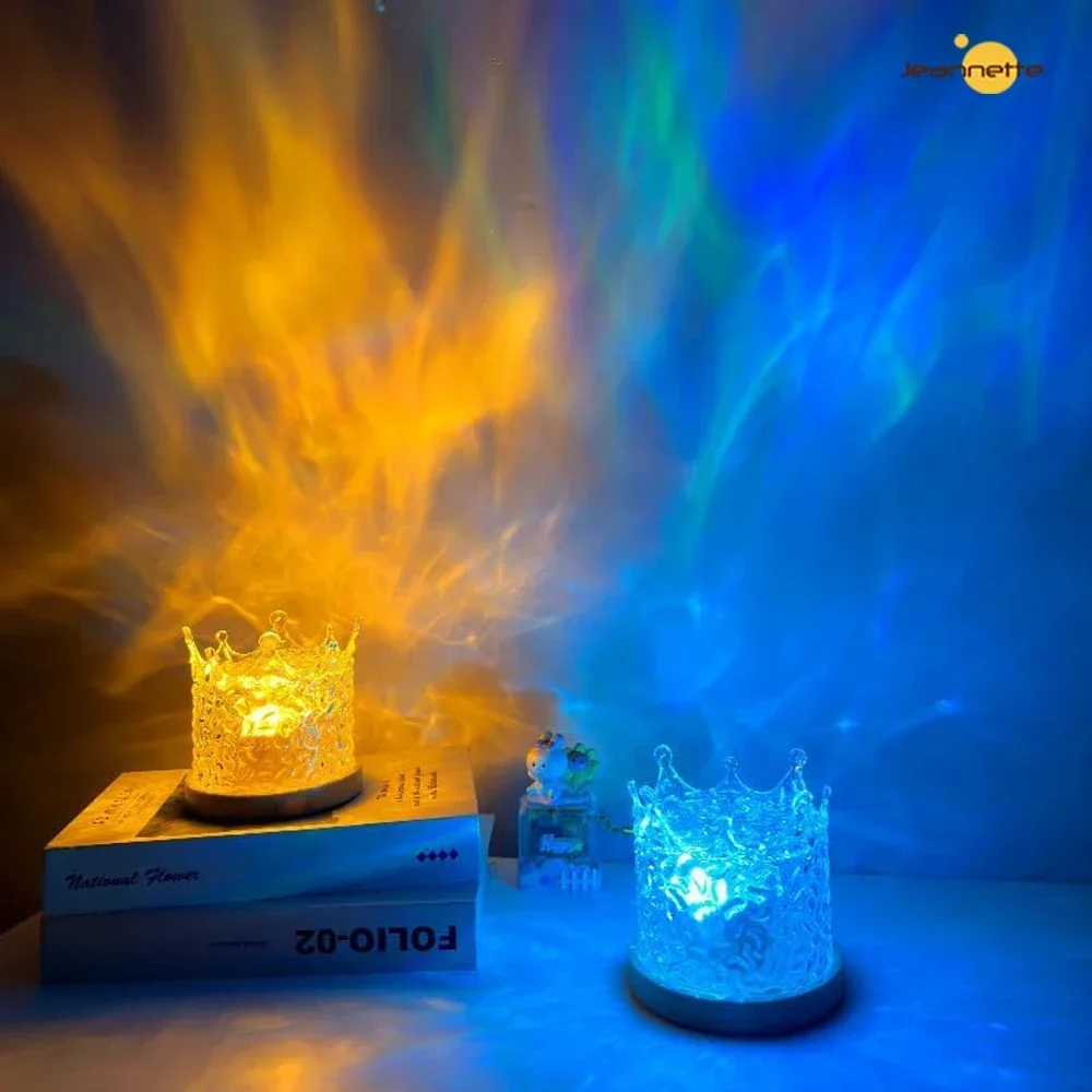 Imagem -05 - Crown Dynamic Rotating Water Ripple Projector Night Light Flame Crystal Lamp Ocean Northern Projector 16 Cores