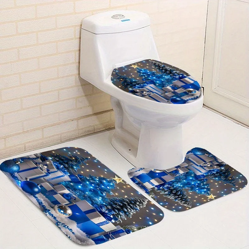 4Pcs Xmas Shower Set, Blue White Snowflakes, 12 Hooks, Non-Slip Toilet Cover, Holiday Decor, Winter Wonderland, Christmas Gift