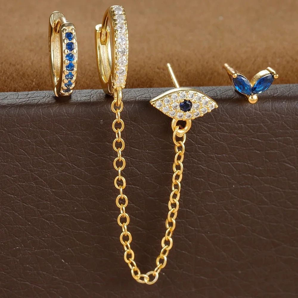 3pcs Blue Zircon Evil Eye Hoop Earrings Set For Women Stainless Steel 18K Gold Plated Cartilage Piercing Earring Fashion Jewelry