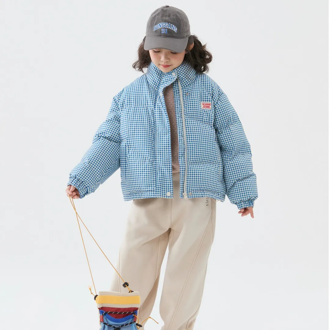 

RAISE Winter Children Girls Plaid Parkas Blue Stand Collar Thick Warm Teens Girls Outerwear Sticker Zipper Jacket For 4-14Y Girl