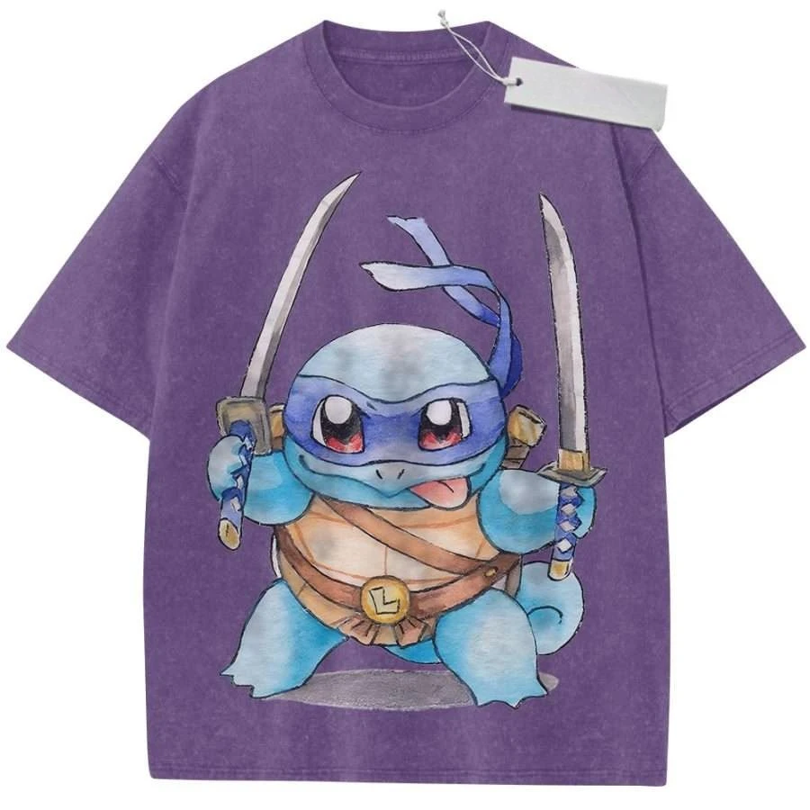 

Oversize Vintage Washed Streetwear T Shirt Cool Anime Pokemon Squirtle Ninja with Dual Katanas Graffiti Print Casual Wear