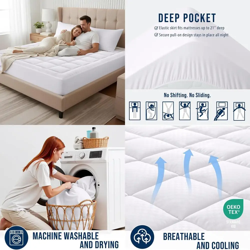 

Роскошный стеганый наматрасник с верхним слоем Pillow Top, охлаждающий наполнитель, имитирующий пух, дышащий чехол, глубокий карман для матраса, защита матраса, белый