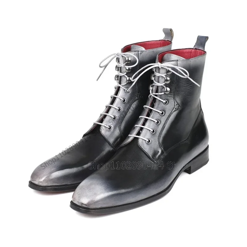 Cinza preto dedo do pé quadrado meados de bezerro tiras botas masculinas moda rendas até sapatos masculinos de luxo artesanal festa tamanho grande sapatos masculinos