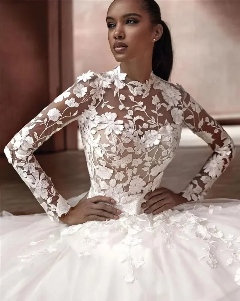 

Elegant Church Wedding Dress 2026 High Neck Lace Appliques Long Sleeves Backless Bridal Bride Gown Vestidos De Noiva