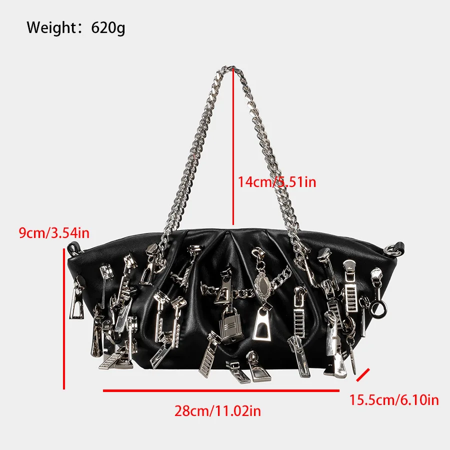 Punk Style Ruched Dumpling Armpit Bag 2025 Multi Zipper Head Decoration Women's Shoulder Bags Spicy Girl Y2K Handbags