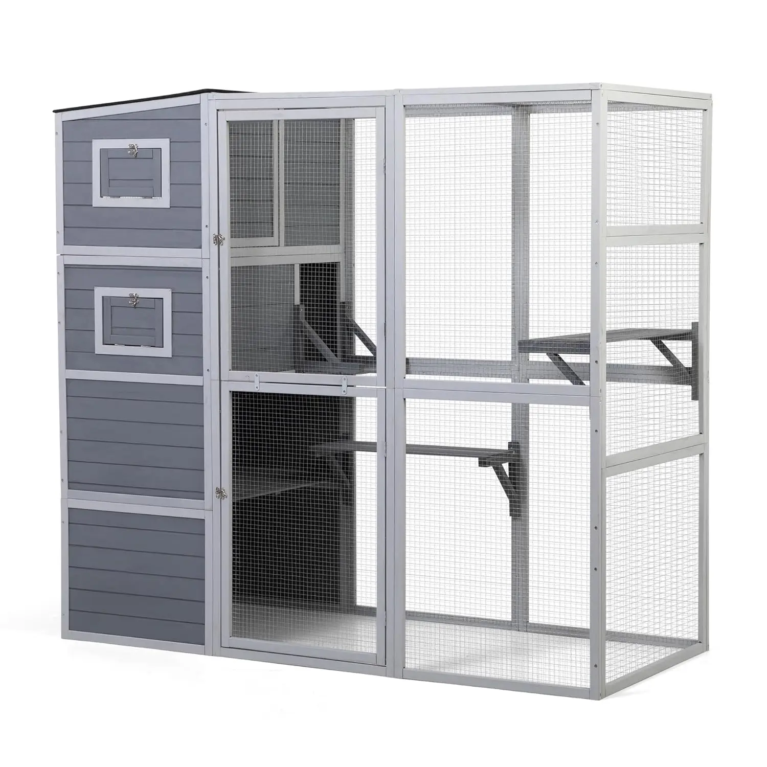 

Большой уличный вольер для кошек на 4 уровня с всепогодной крышей, 2 комнатами, 2 платформами, деревянный домик-клетка с возможностью входа, на заказ