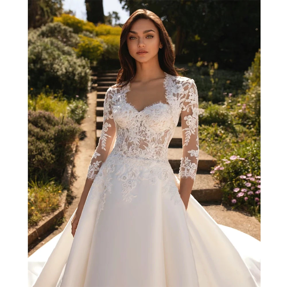 Vestidos De Casamento A Linha Com Mangas De Renda, Vestido De Baile De Noivado De Celebridades, Vestidos De Noiva Formais, Vestido De Princesa Longo Popular