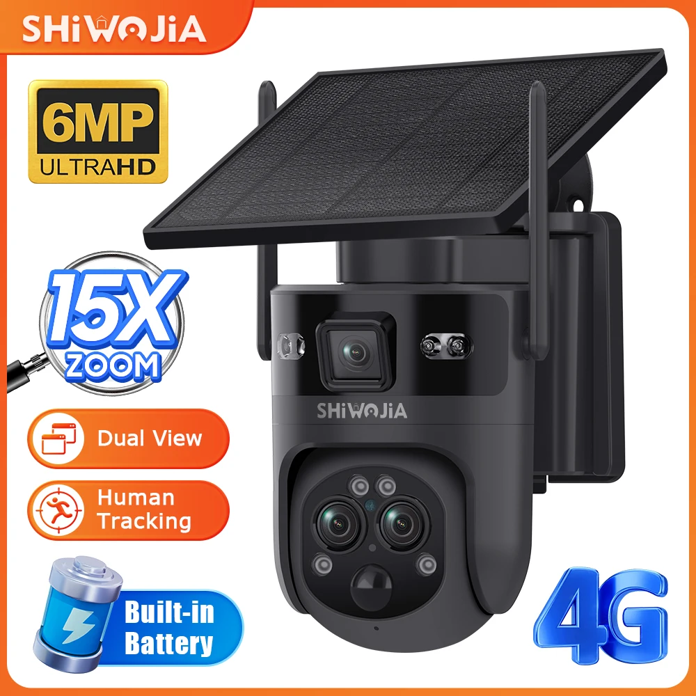 

SHIWOJIA 6K 15X ZOOM Solar Camera 4G SIM/WIFI Three Lens Recording Dual 24-Hour Screen PIR Detection Auto Tracking Camera Black
