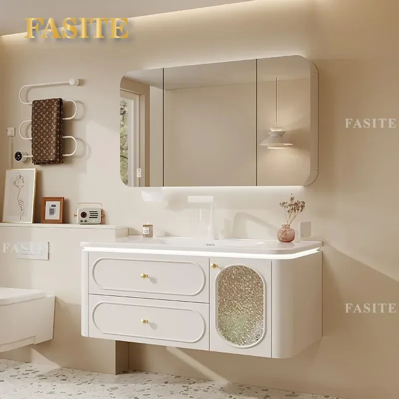 For French Cream Style Rubber Wood Bathroom Cabinet with Ceramic Integrated Basin Vanity Unit Wash Table Hand Washbasin Combo