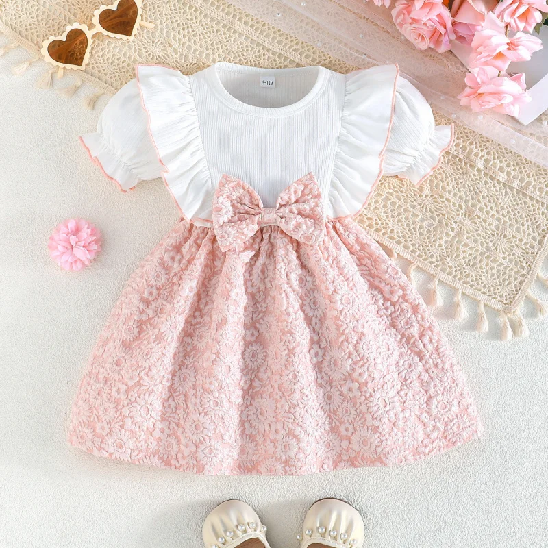 

2026Cute baby girl summer new style ribbed color-blocked ruffle sleeve textured jacquard fabric dress