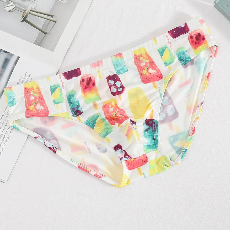 Men's Briefs Translucent Cartoon Printed Ice Silk Slippery Sexy Breathable Summer Low Waist U Convex Pouch Lingerie Underpants