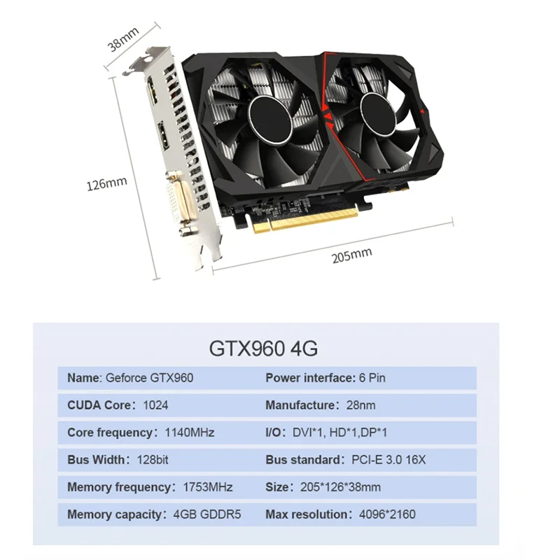 بطاقة رسومات L69A Geforce GTX960 4GB GDDR5 28Nm 1140MHz 1753MHz 128 Bit 6 Pin PCI-E 3.0 16X 4096X2160 DVI + HD + DP بطاقة فيديو #6