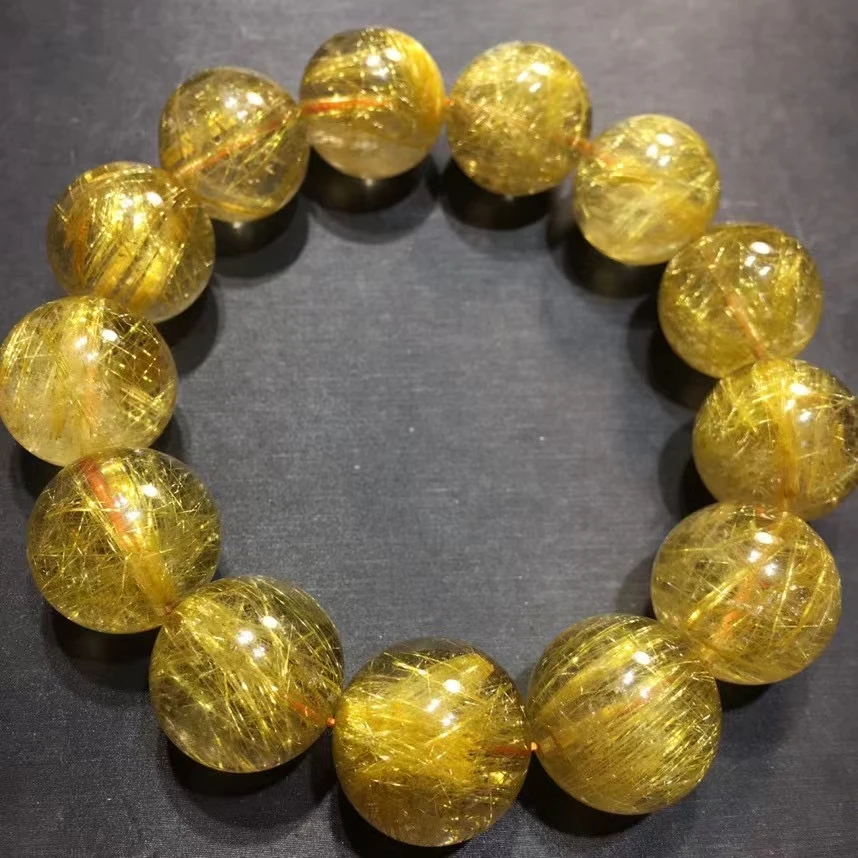 Natural Gold Rutilated Quartz Clear Round Beads Bracelet 18mm Big Size Women Men Fashion Big Size Bead Wealthy Stone AAAAAAA