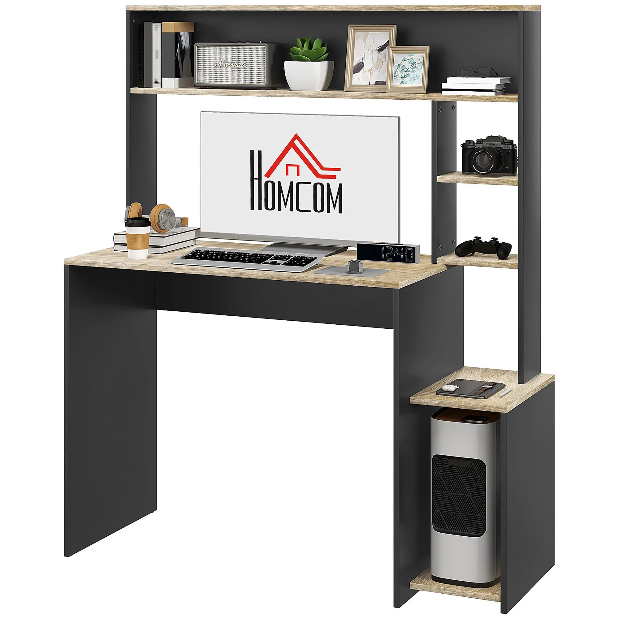 HOMCOM modern computer table with shelves 114x45x138 cm gray and Natural