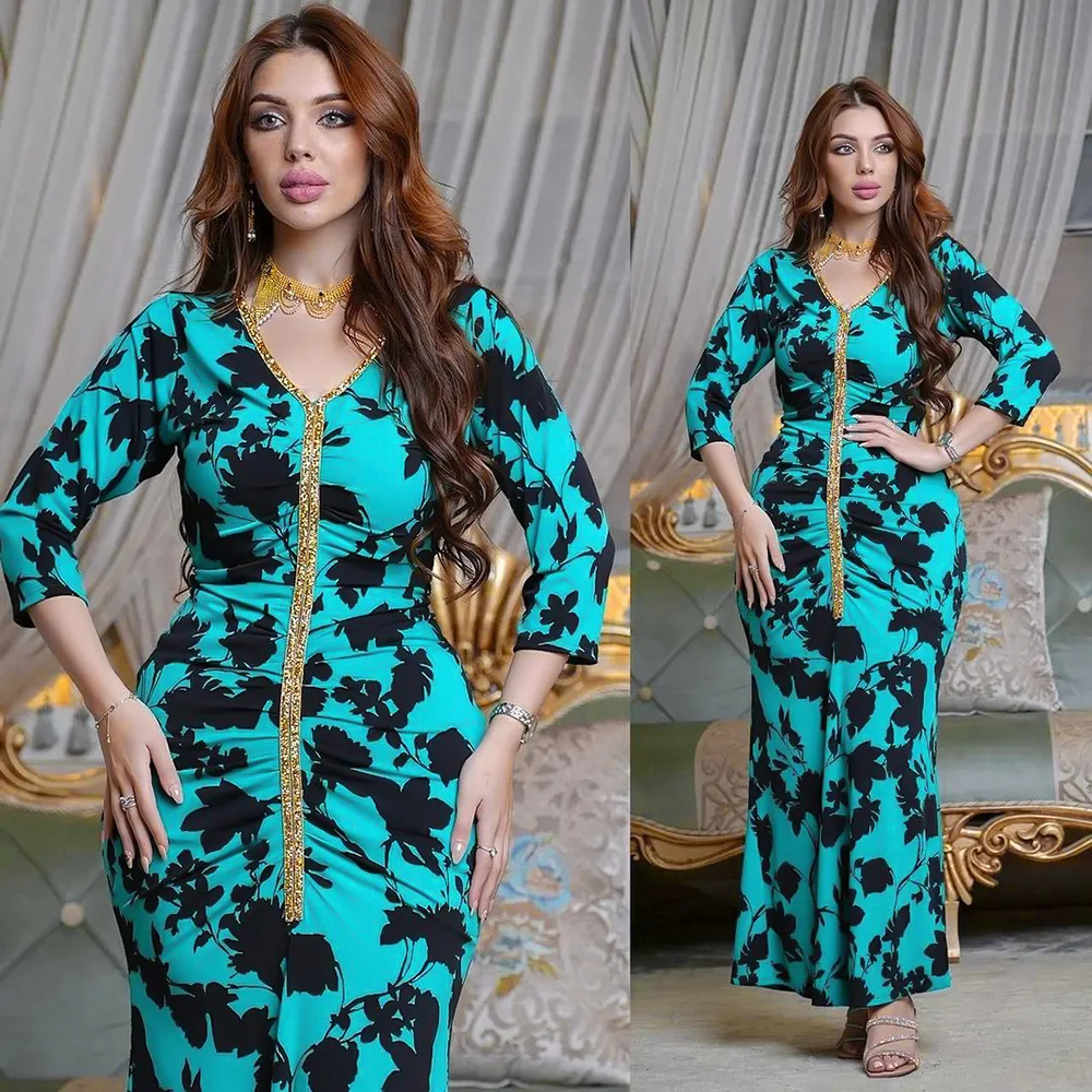 

Xqy500088 Fashion Tight-fitting Printed Mermaid Dress Kaftan Gown Long Robe Robe Abaya Ramadan Dubai Luxury Islam Elegant