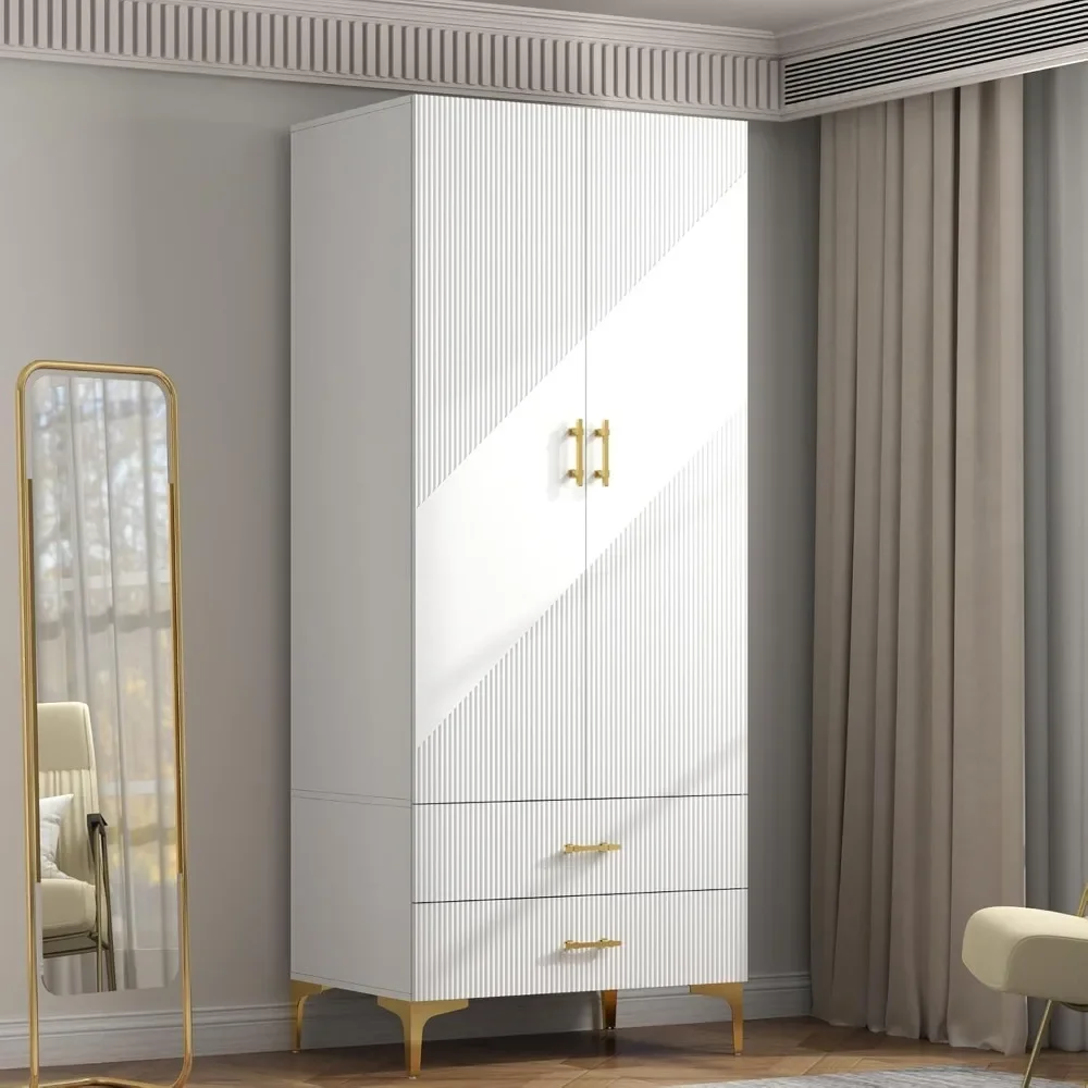 Twill Wood Closet Storage with Metal Cabinet Legs,Wardrobe Armoire with 2 Doors, 2 Drawers and Hanging Rods