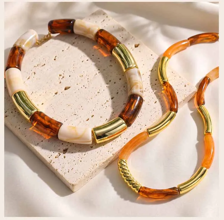 Chunky Harz-Perlenkette für Damen, 18K vergoldete Edelstahl-Röhrenperlen Statement Choker Halskette Vintage Schmuck Geschenk – Detail 4