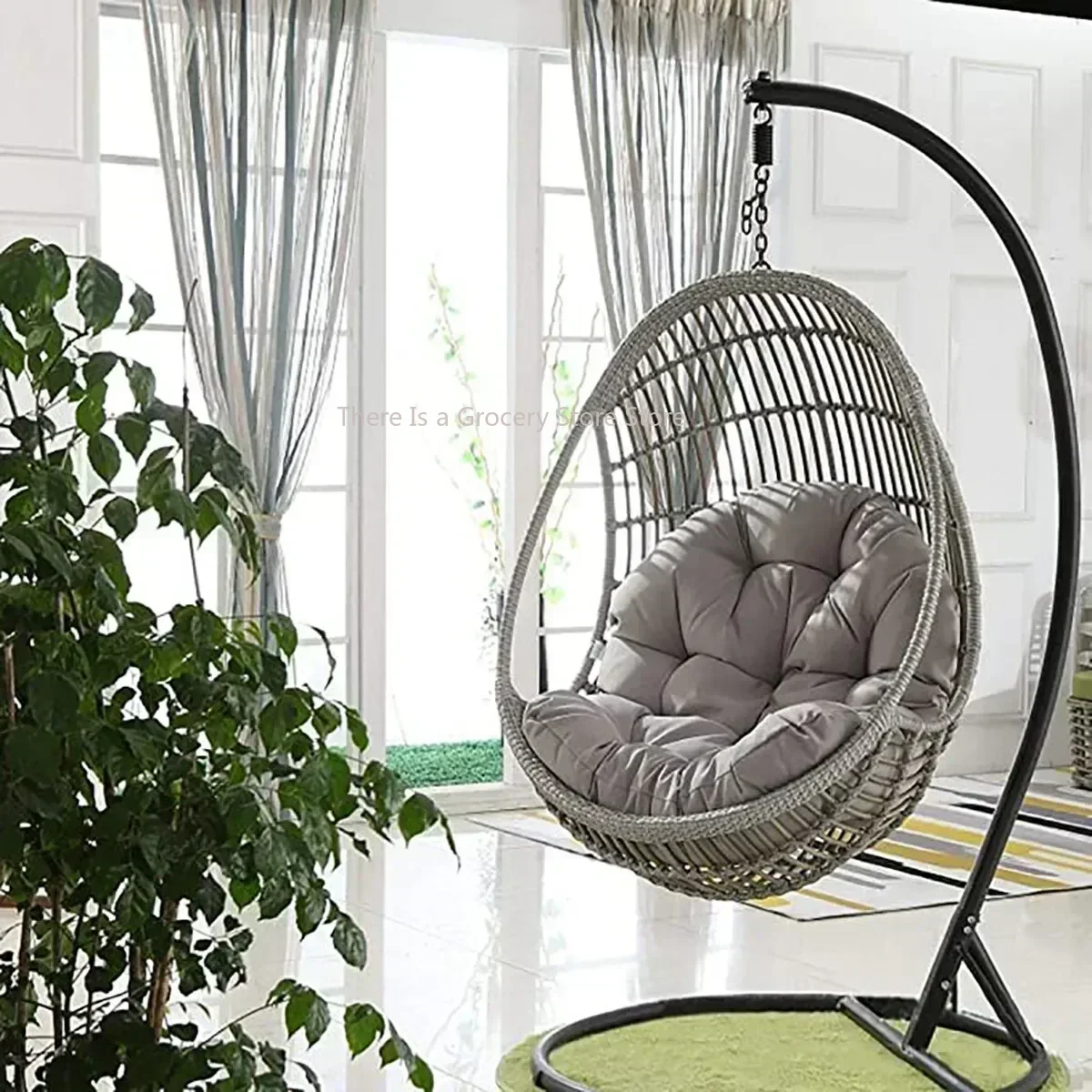 Fauteuil suspendu rond en forme d'œuf avec coussin épais pour patio, balcon, intérieur, extérieur, jardin, chaise longue
