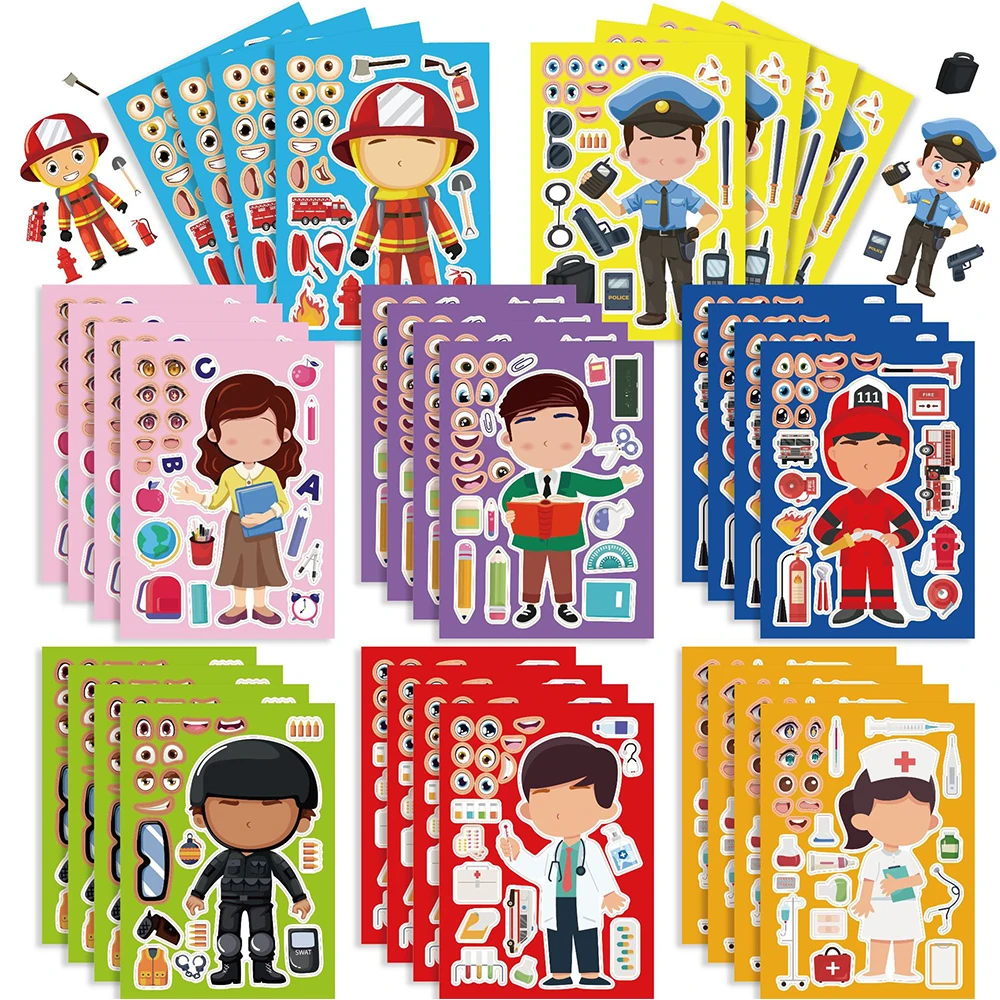 

8/16Sheets Kids Profession Puzzle Stickers Game Make a Face Children Assemble Jigsaw DIY Decoration Educational Toys Party Favor