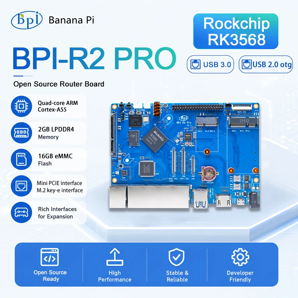 Banana PI BPI-R2 Pro Rockchip RK3568 Quad-core 2G LPDDR4 16G eMMC Support PCIE M.2 key-e SATA SBC Opensource Router Demo Board
