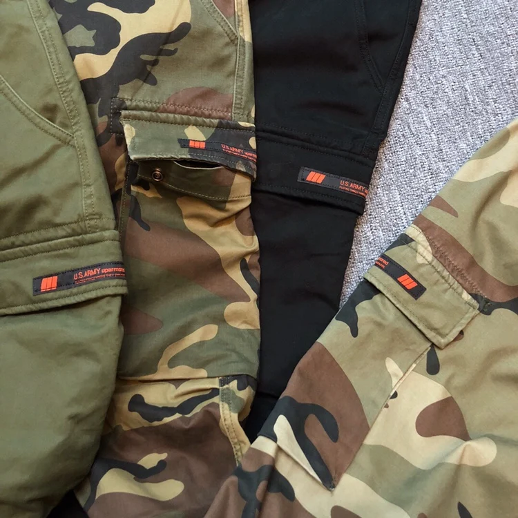 100% Cotton Thickened Plush American Casual Camouflage Multi Pocket Workwear Pants Men\'s Tights Small Legs Fleece Military Pants