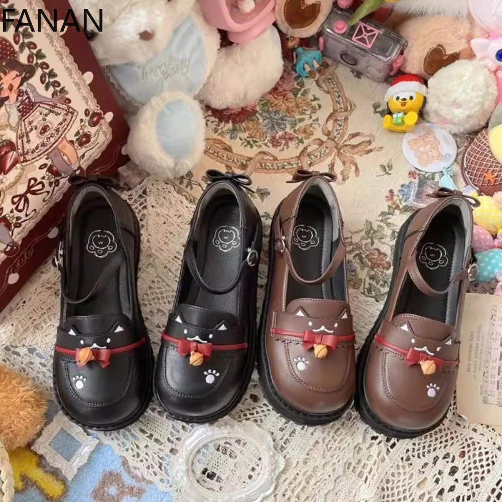 

2025 New Cute Cat Flat Shoes Lolita Low Heel Platform Shoes Japanese JK Uniform Leather Soft Girl Mary Jane Single Shoe Pumps