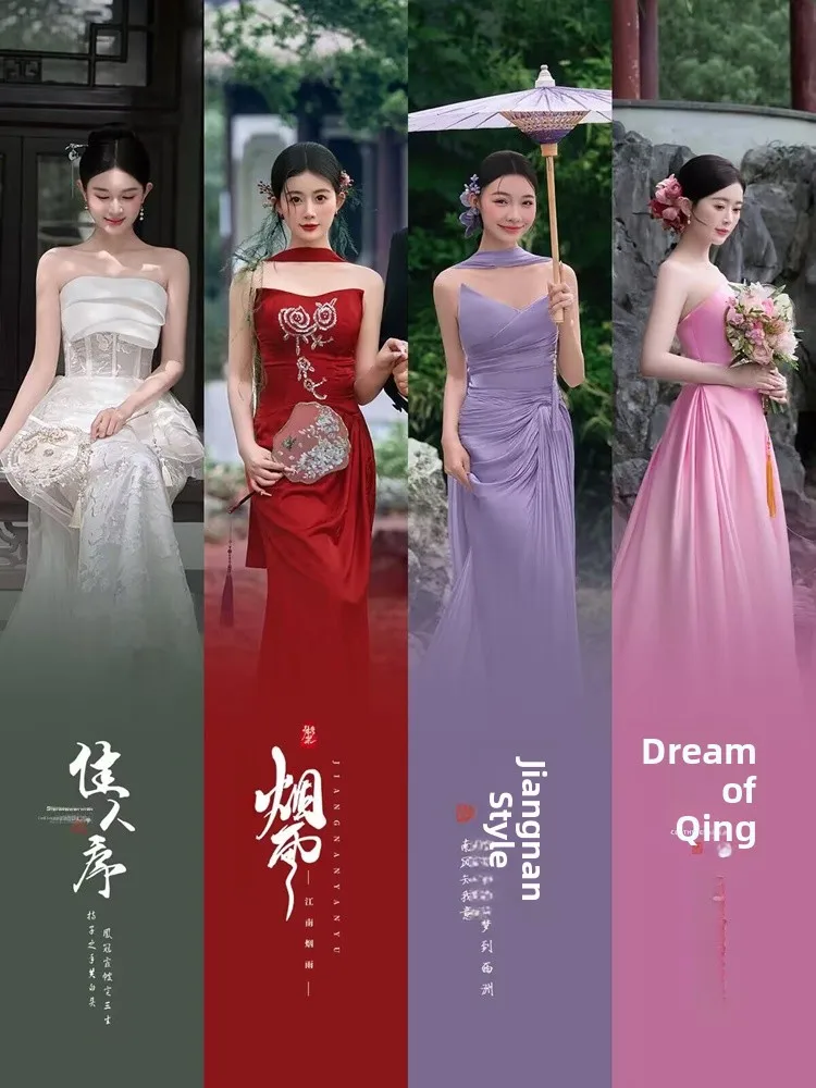 

Красное свадебное платье в новом китайском стиле для фотосессии, сказочный костюм для выездной съемки в саду, сценический наряд для фотосессии