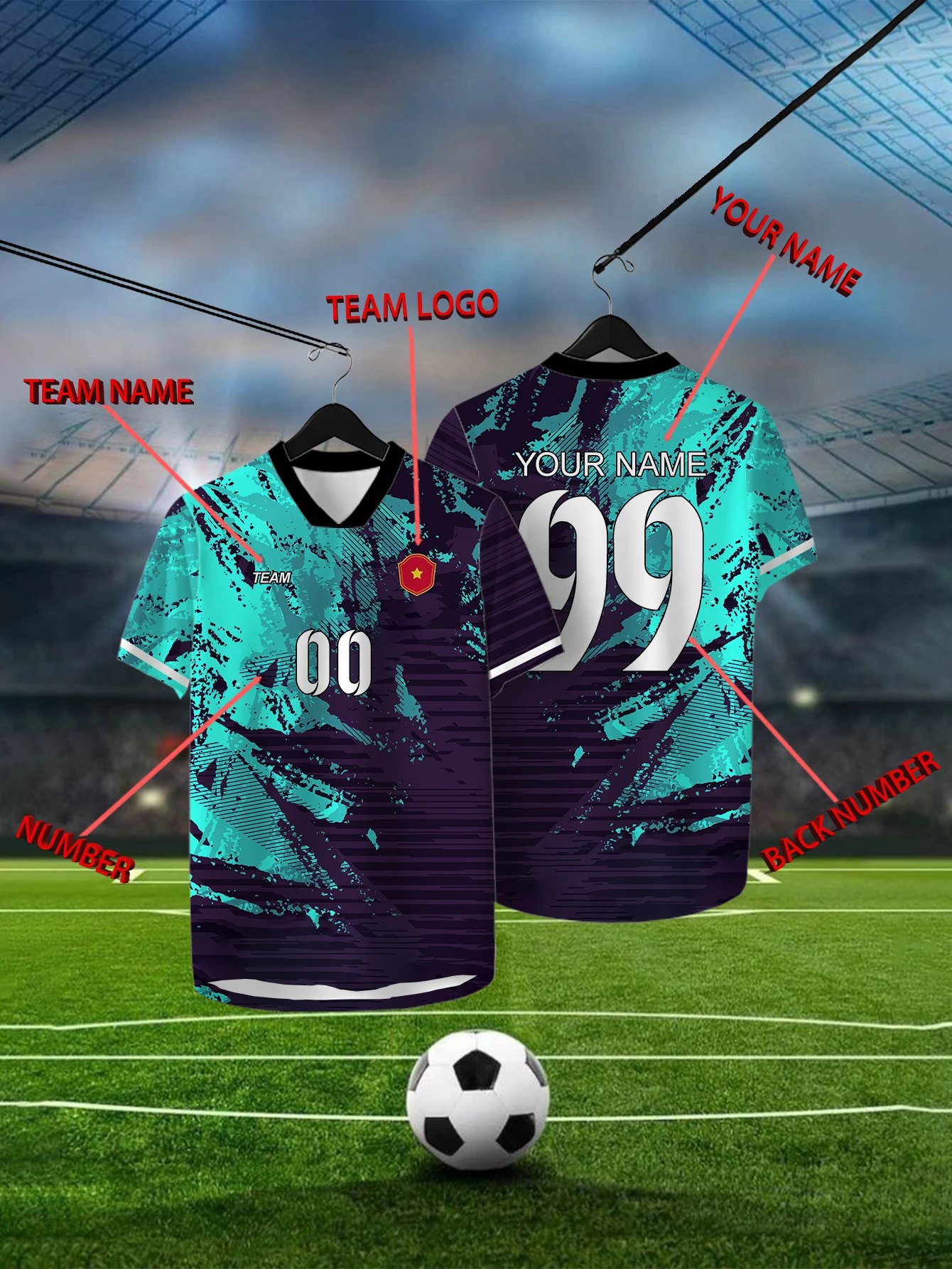 

Customized Geometric Blue Short Sleeved Shirt with Team Name, Emblem, Name and Number, Outdoor Sports Short Sleeved T-shirt