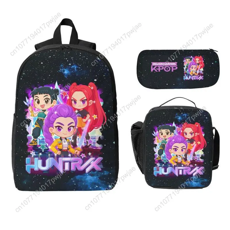 3PCS Functional K-POP Demon Hunters Backpack Set - Black Large Capacity Laptop Schoolbag + Portable Lunch Bag + Pencil Case, Fas