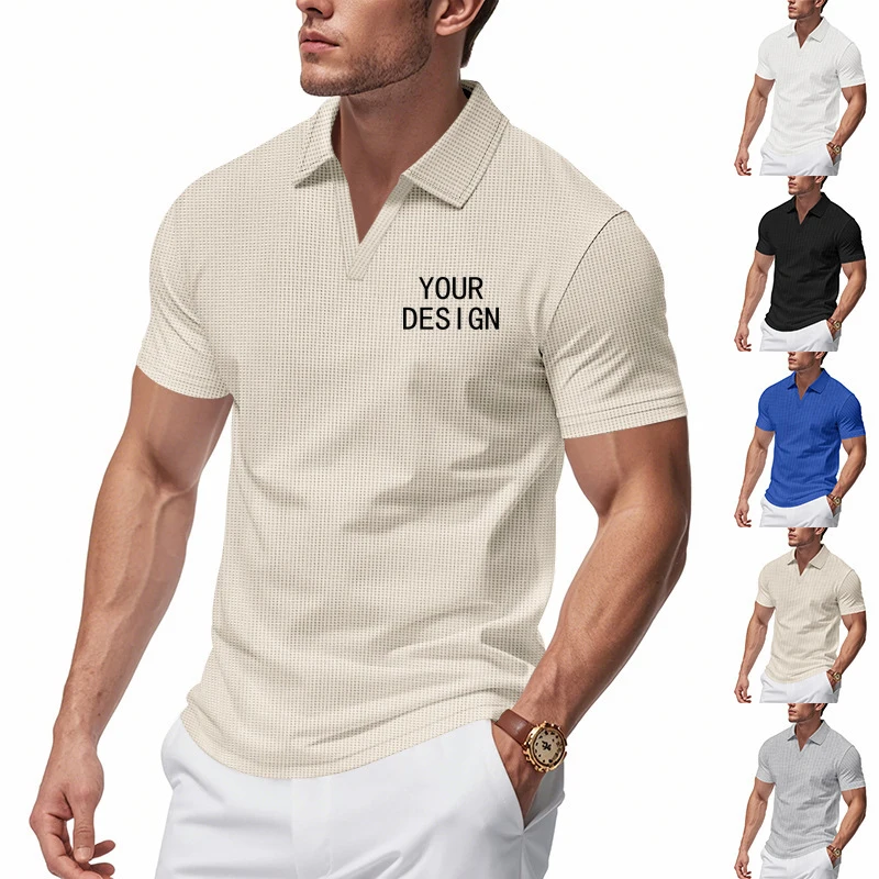 Customized logo summer new style Polo collar casual fashionable men's clothing, checkered short-sleeved solid-color V-neck Polo