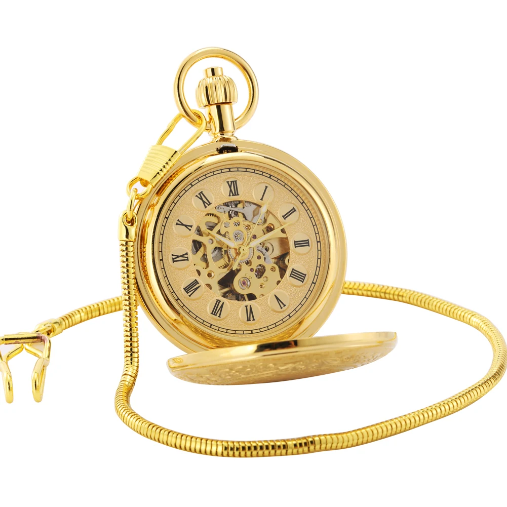 Gold Copper Carved Flower Pattern Automatic Mechanical Pocket Watch with Roman Numerals Dial Fob Chain Pendant Clock Gift Men