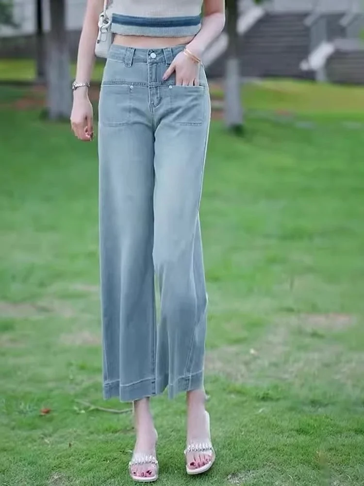 Verão fino novo 2025 luz azul denim cintura alta gelo seda drapey tamanho pequeno nove pontos perna reta calças de perna larga feminina