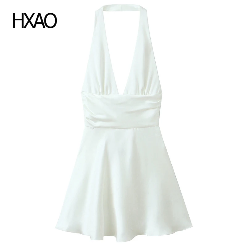 

HXAO White Dress Women Satin Dress Summer V Neck Halter Neck Dresses Female Sundress Mini Dress Elegant Woman Dresses 2024