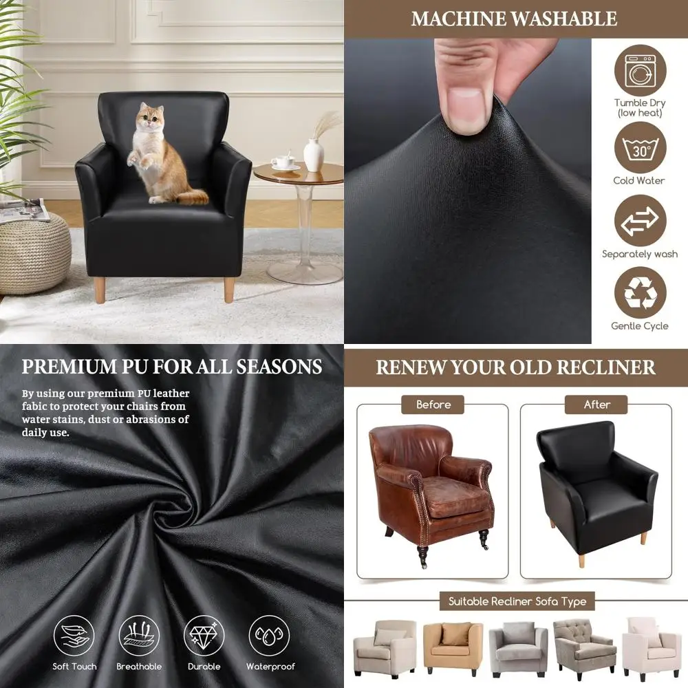 

Waterproof PU Leather Armchair Slipcover with Arms, Stretch Sofa Cover for Club Chairs, Anti-Slip Protector for Pets, Home Decor